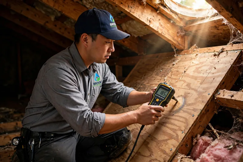Brook Mold Removal technician in company uniform inspecting attic roof sheathing