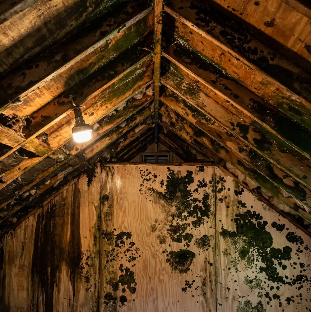 Attic sheathing remediation, before remediation