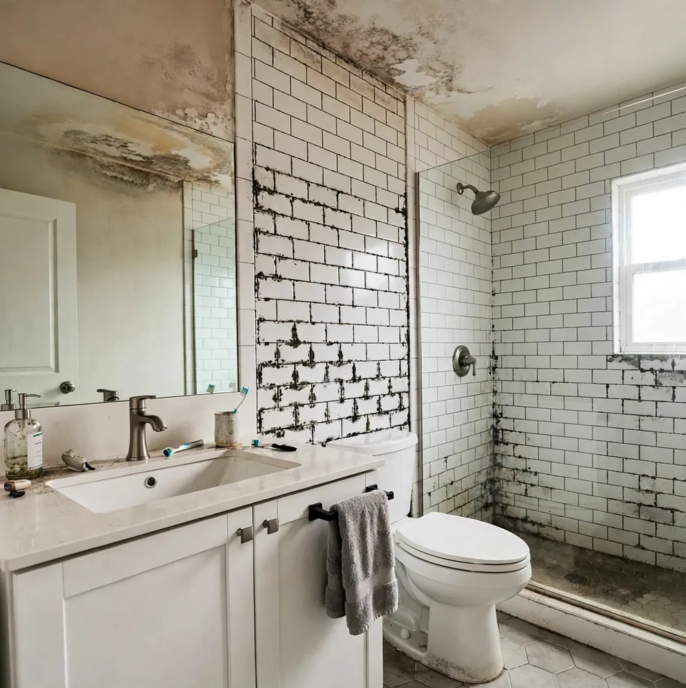 Bathroom with mold staining before remediation
