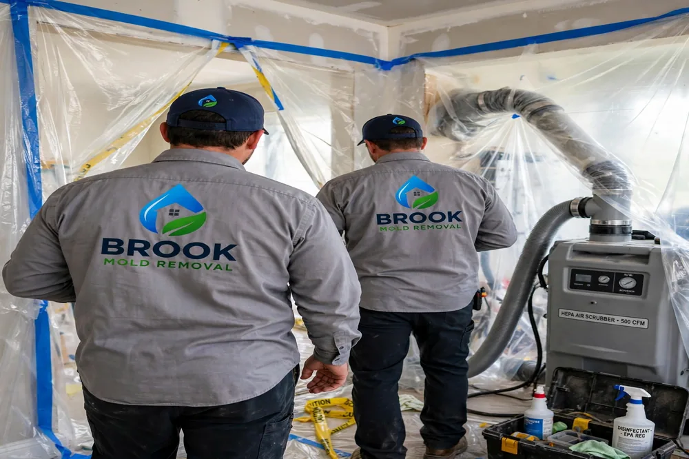 Two Brook Mold Removal technicians in company uniform working in a containment zone