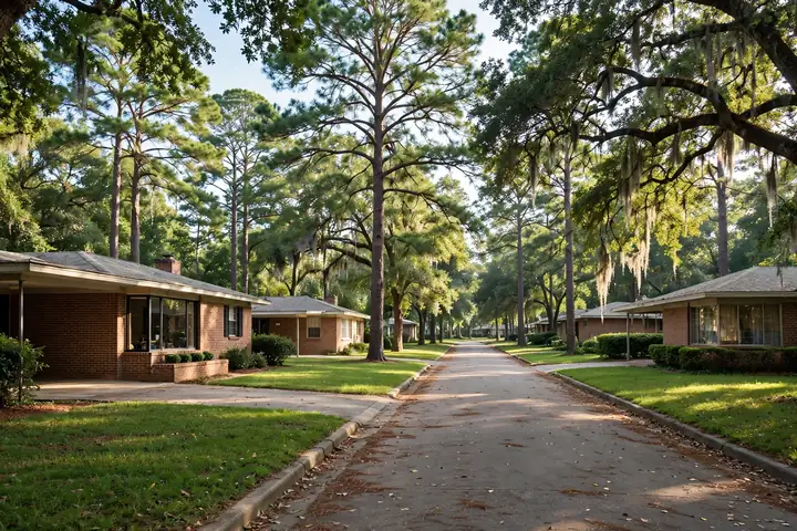 1950s brick ranch homes on a tree-lined street in Ashford Park, Brookhaven GA