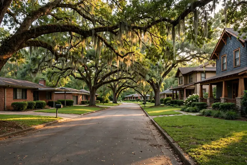 Tree-lined street in Lynwood Park, Brookhaven GA with historic homes under oak trees
