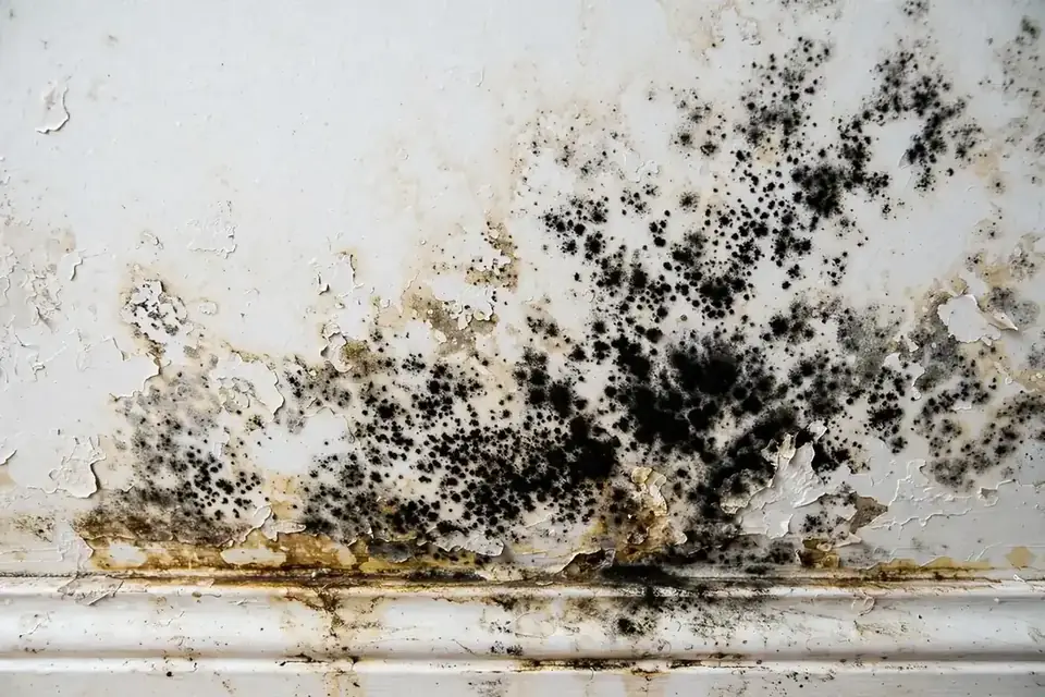 Dark mold growth on a painted wall near a baseboard